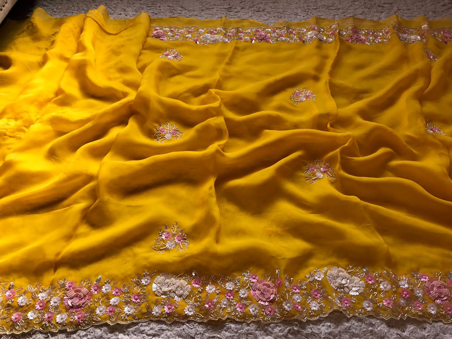Sushi yellow organza partywear sari - Saffronfashionindia