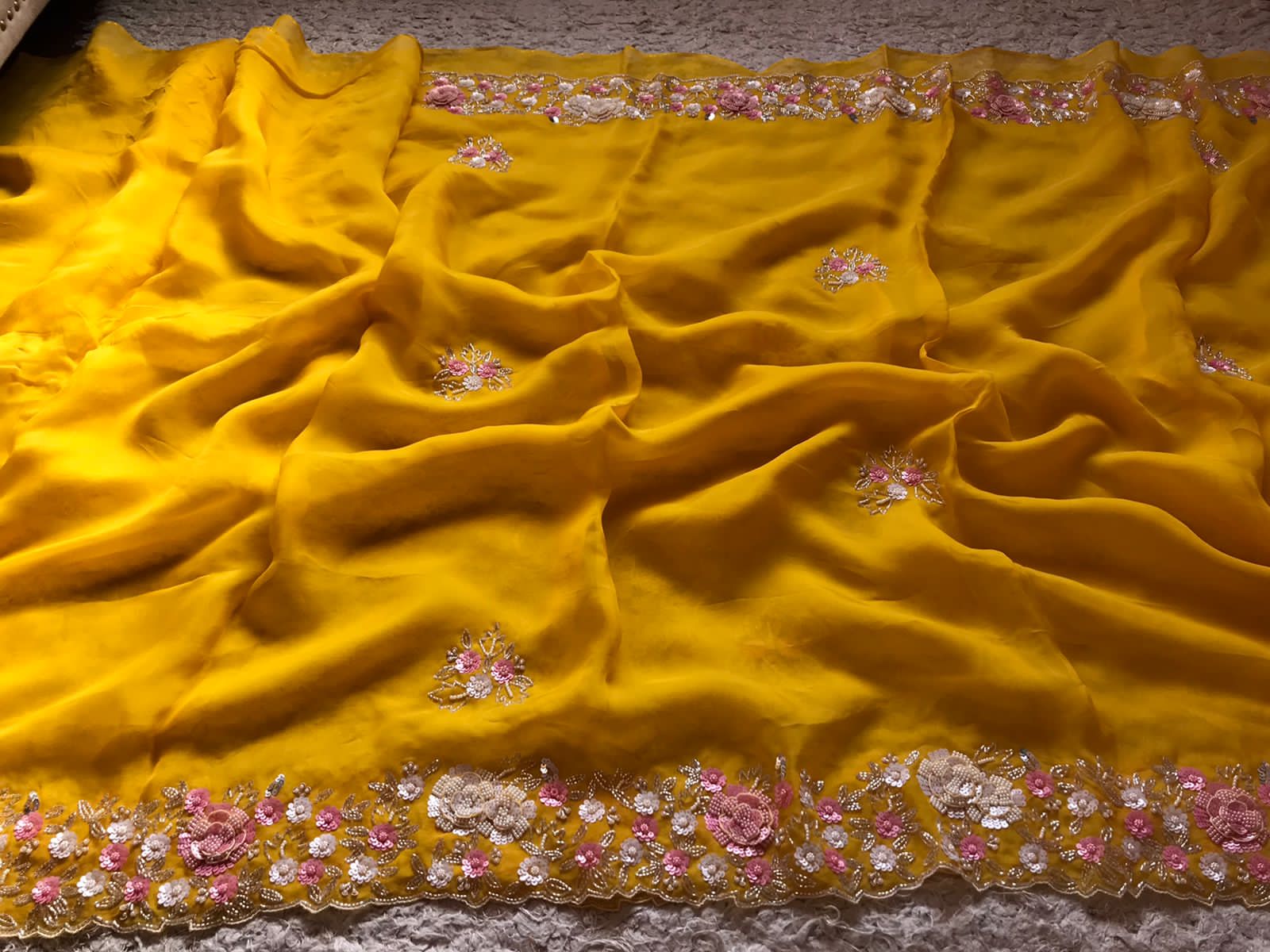 Sushi yellow organza partywear sari - Saffronfashionindia