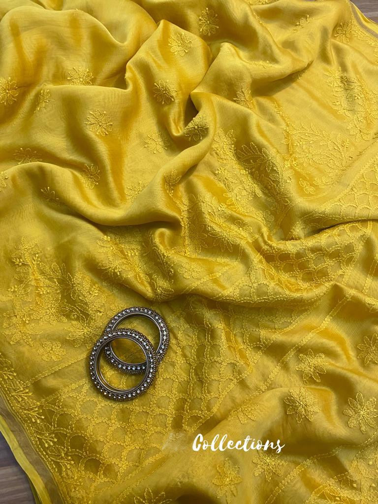Daisy yellow Chikankari saree - Saffronfashionindia