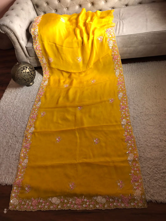 Sushi yellow organza partywear sari - Saffronfashionindia
