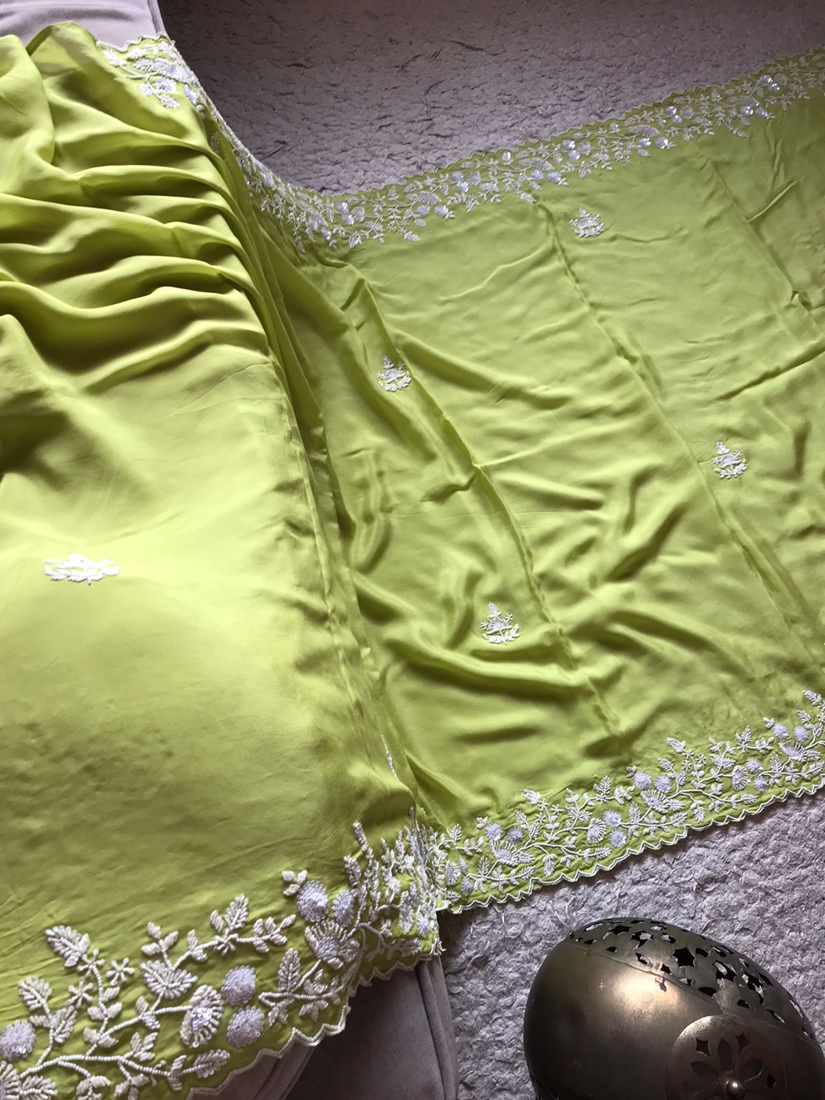 Limegreen sequins pearl sarees - Saffronfashionindia