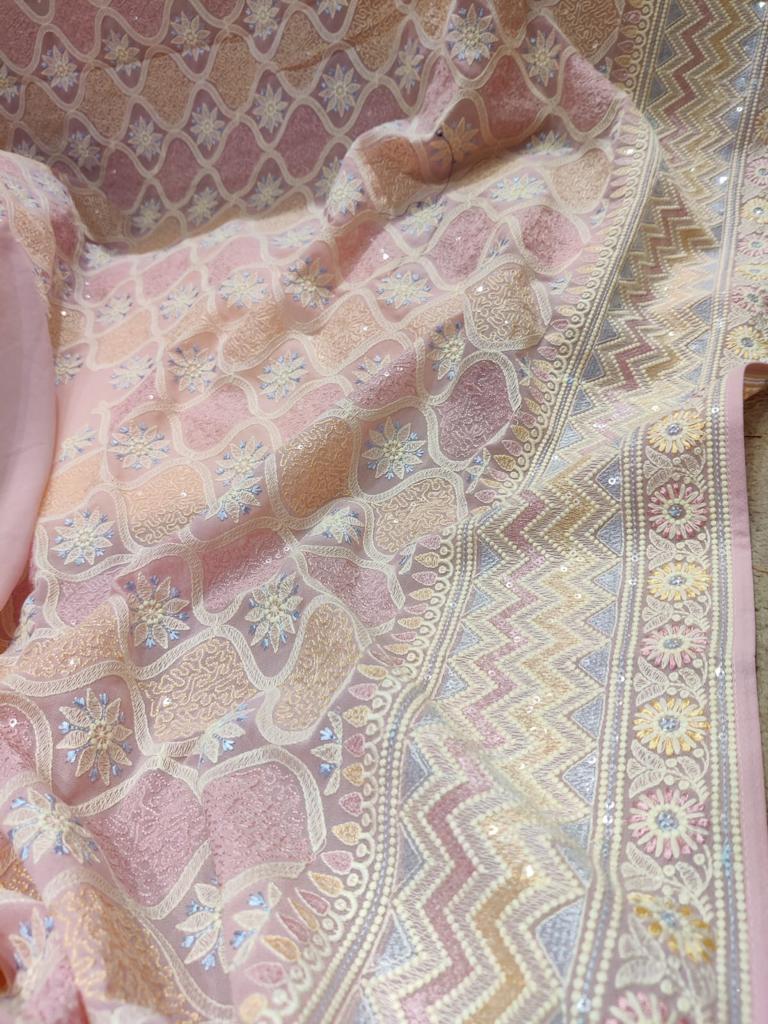 Multicolour Chikankari gorgette sari - Saffronfashionindia