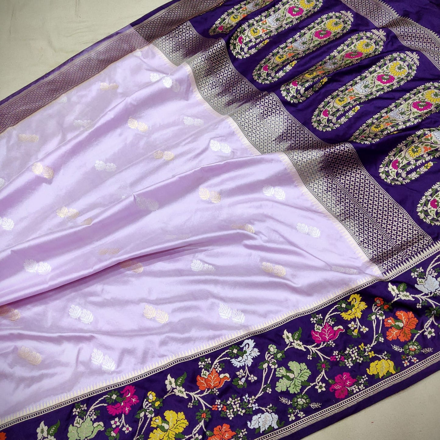 Lavender Meenakari Katan silk saree - Saffronfashionindia