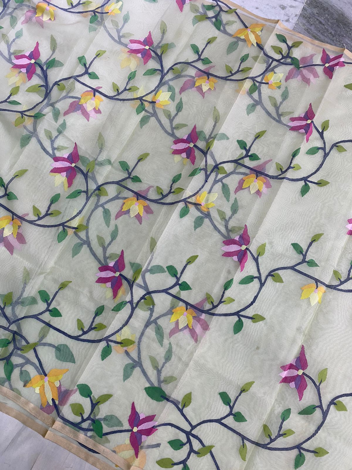 Marigold tantuj muslin jamdani saree - Saffronfashionindia