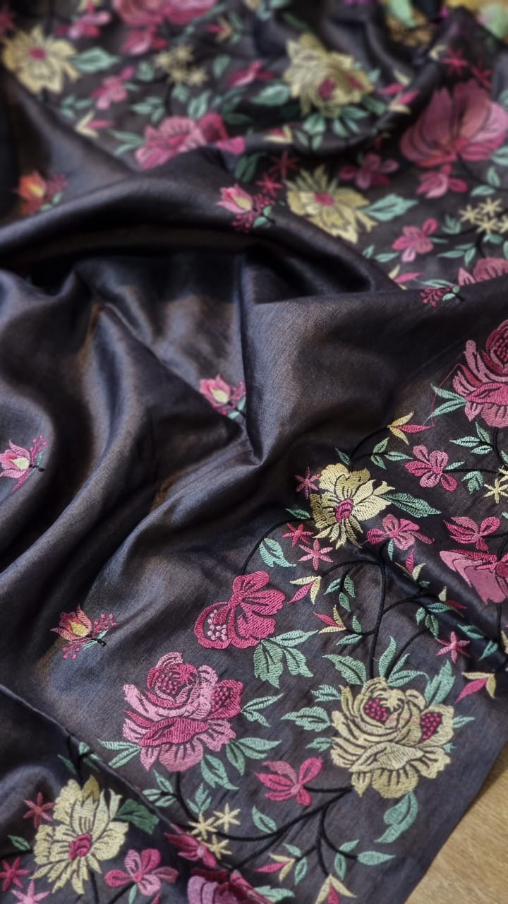 Black tussar silk embroidery saree - Saffronfashionindia