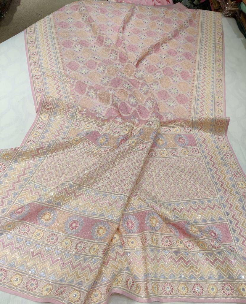 Multicolour Chikankari gorgette sari - Saffronfashionindia