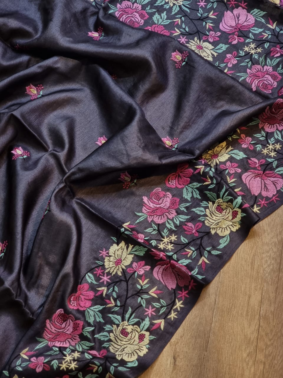 Black tussar silk embroidery saree - Saffronfashionindia