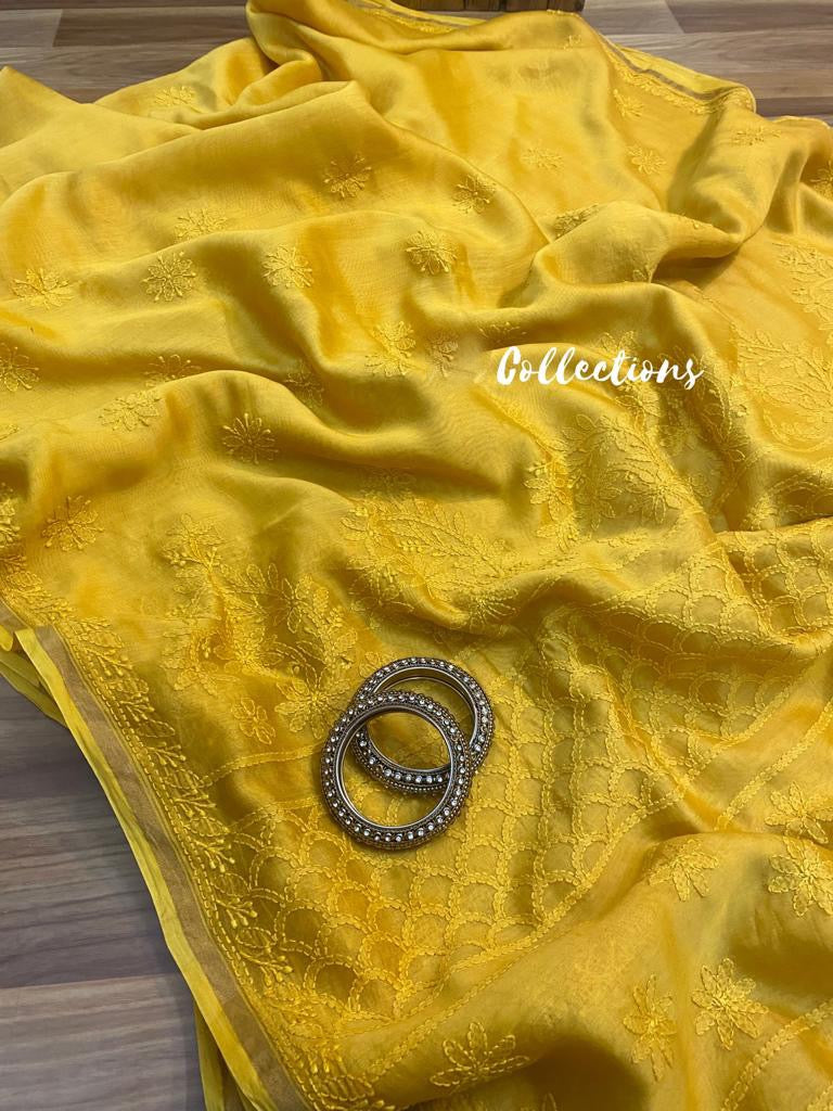 Daisy yellow Chikankari saree - Saffronfashionindia