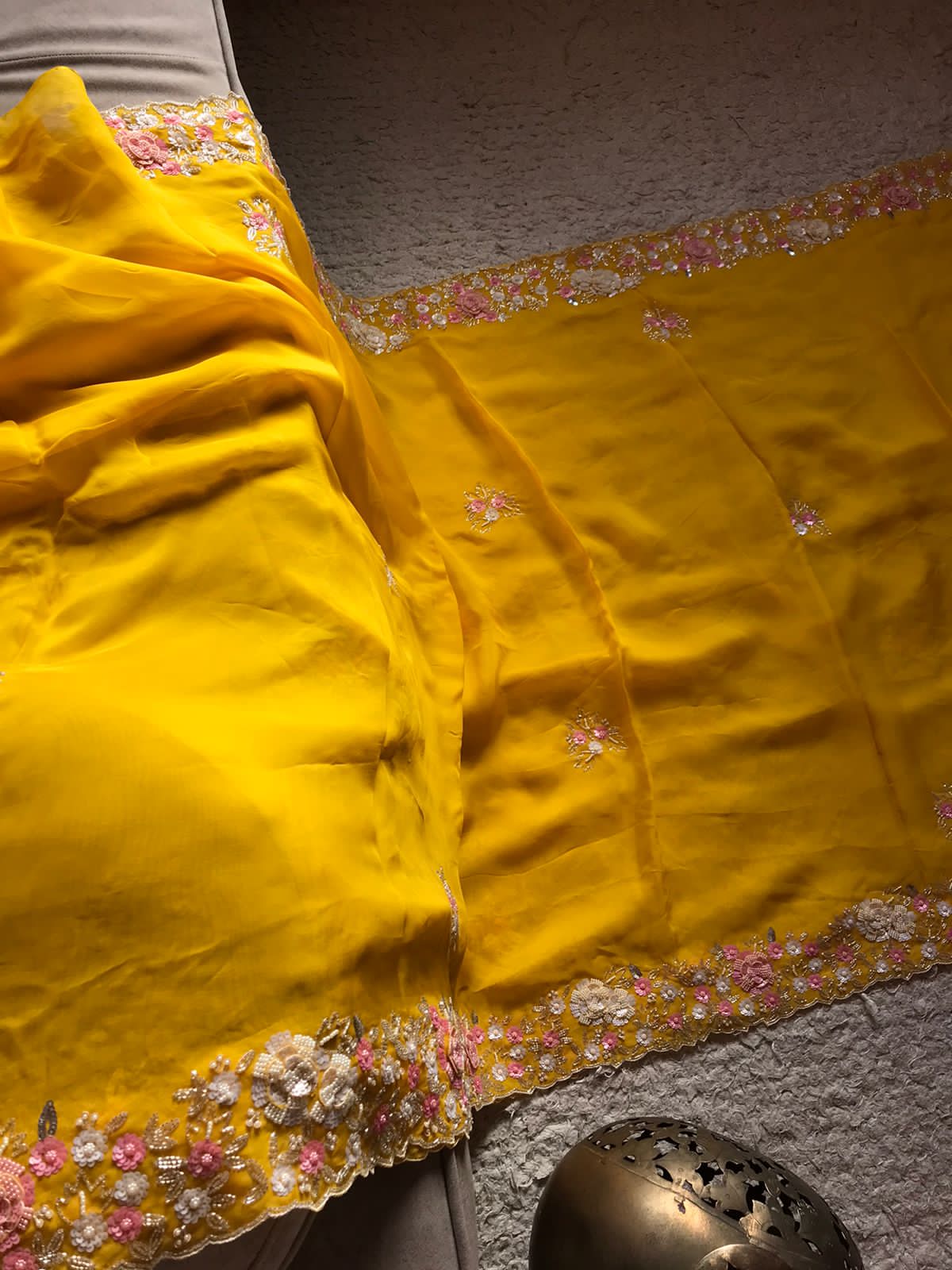 Sushi yellow organza partywear sari - Saffronfashionindia
