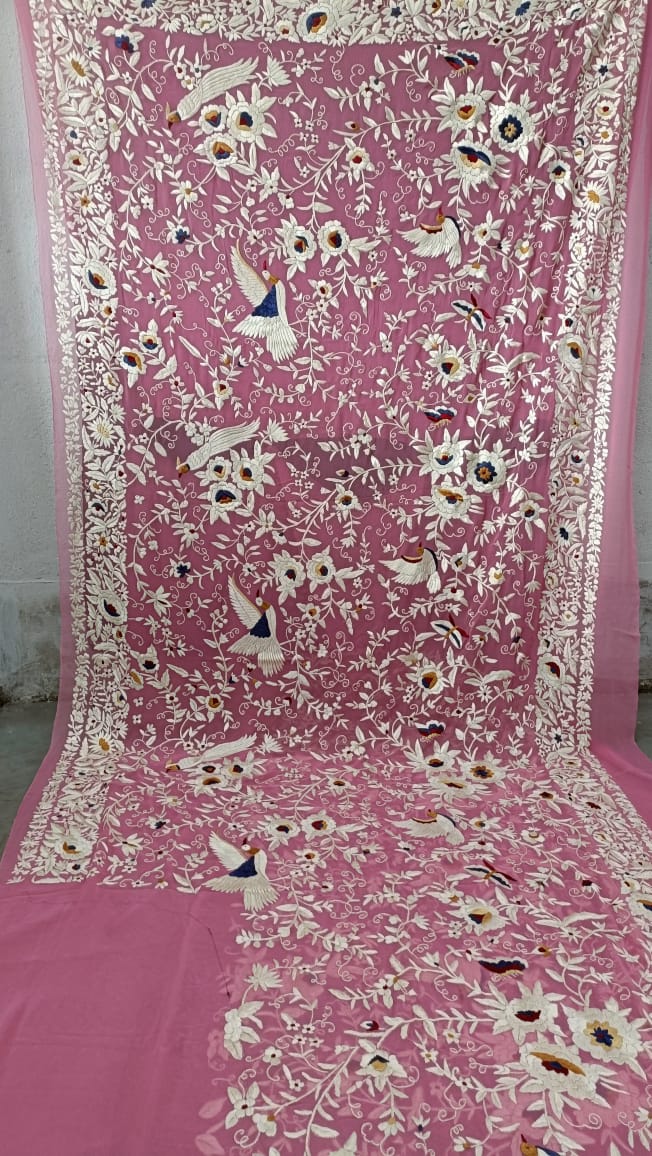 Suhana pink gorgette Parsi gara saree - Saffronfashionindia