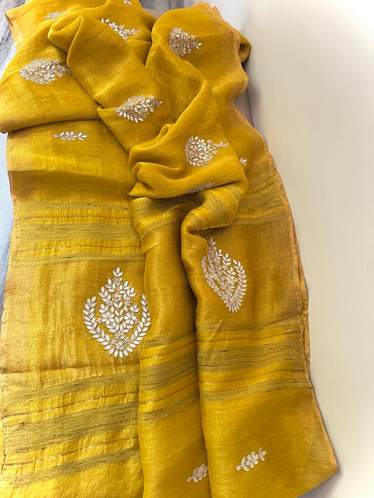 Linen gottapatti zardosi checks saree women saree Indian sari - Saffronfashionindia