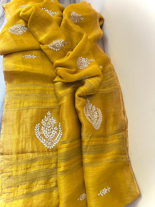 Linen gottapatti zardosi checks saree women saree Indian sari - Saffronfashionindia