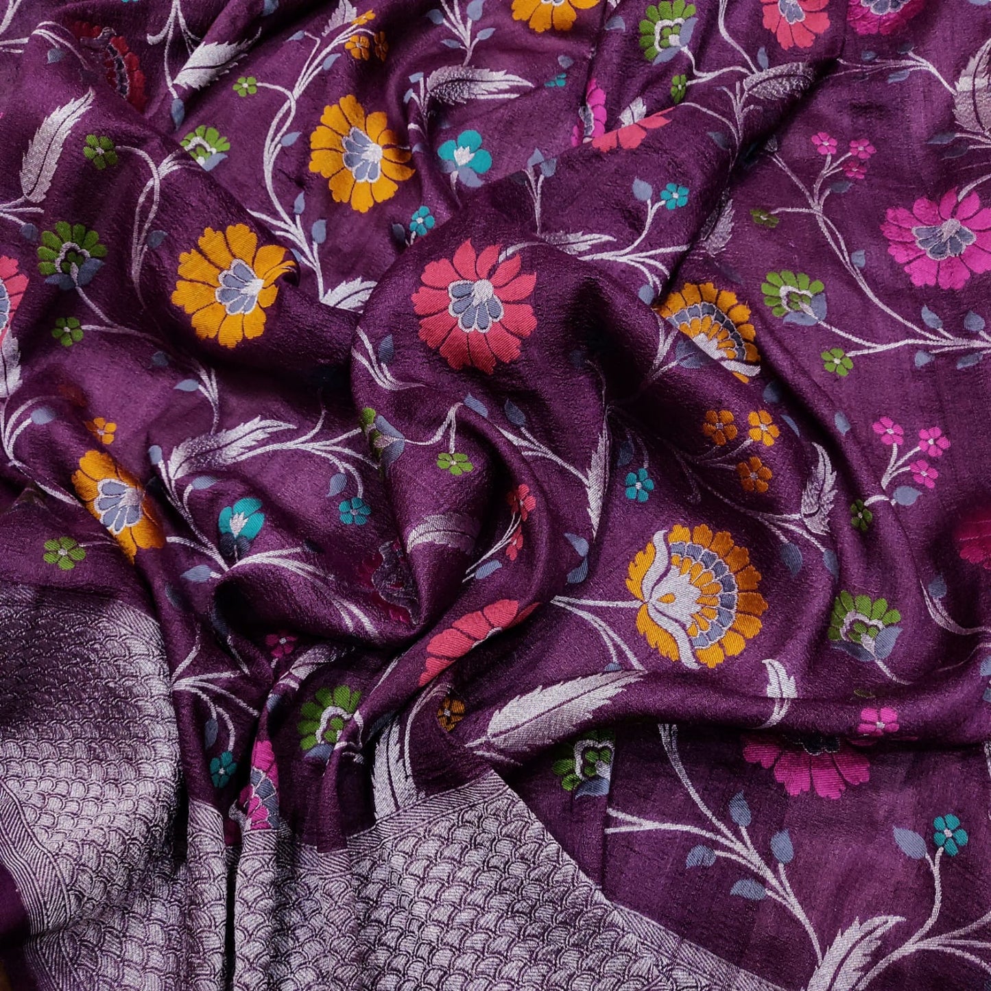 Floral bagicha inspired handwoven tussar saree - Saffronfashionindia