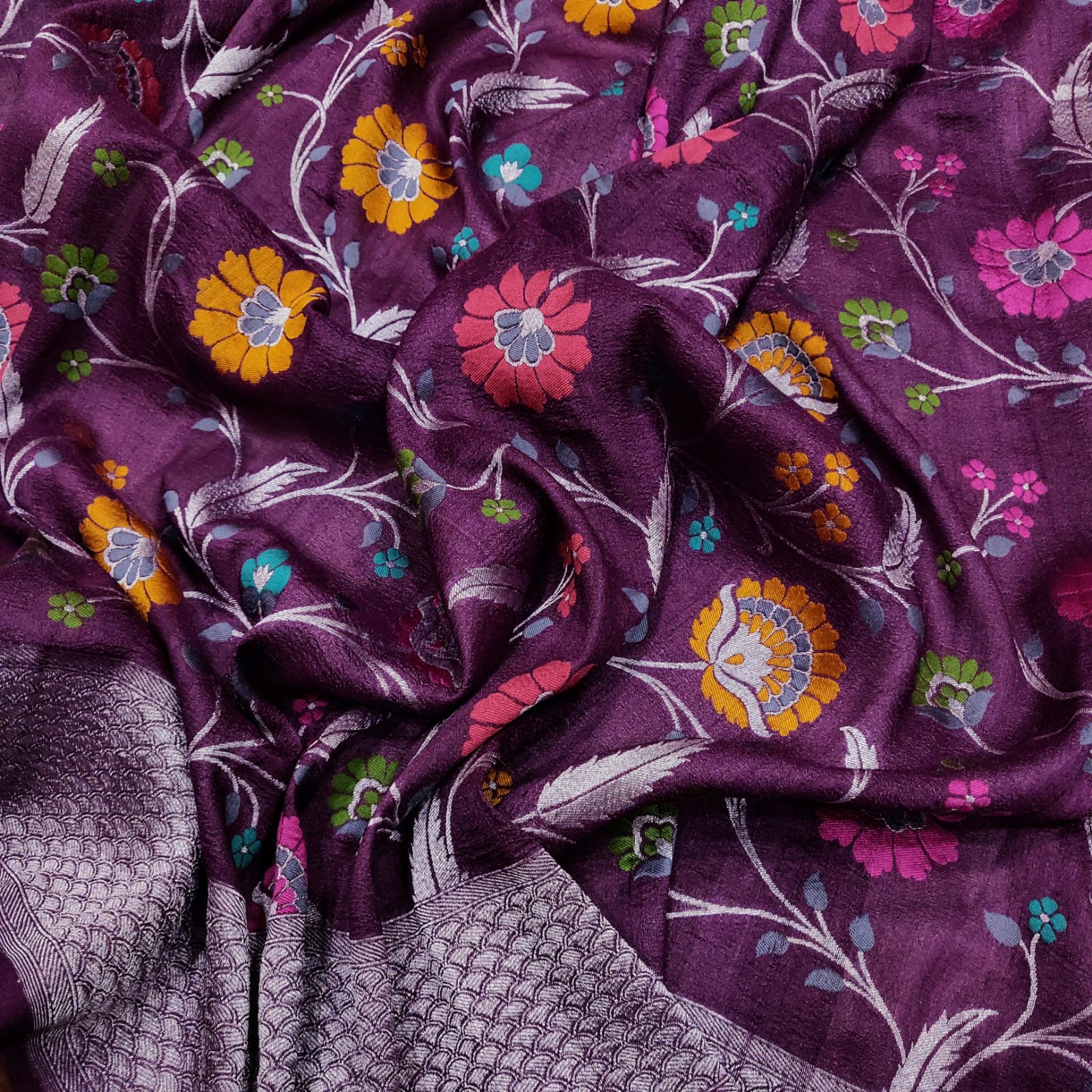 Floral bagicha inspired handwoven tussar saree - Saffronfashionindia