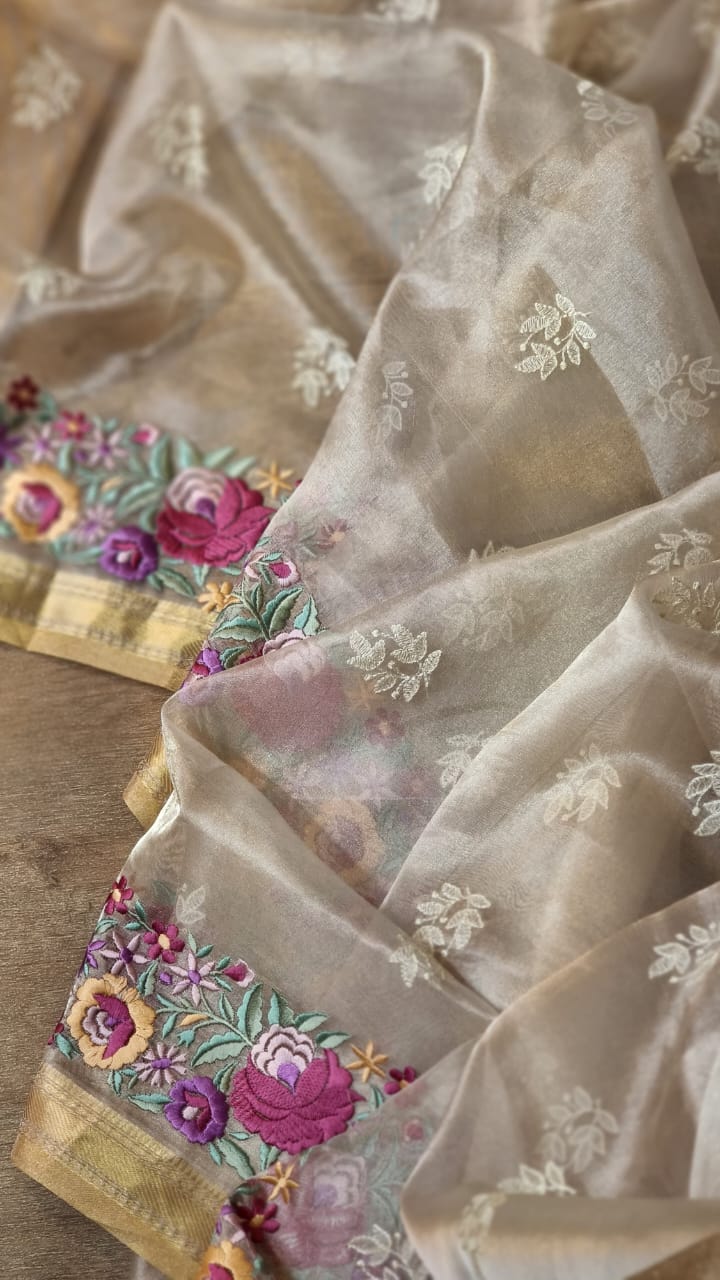 Humraaz tissue silk sari SaffronFashion