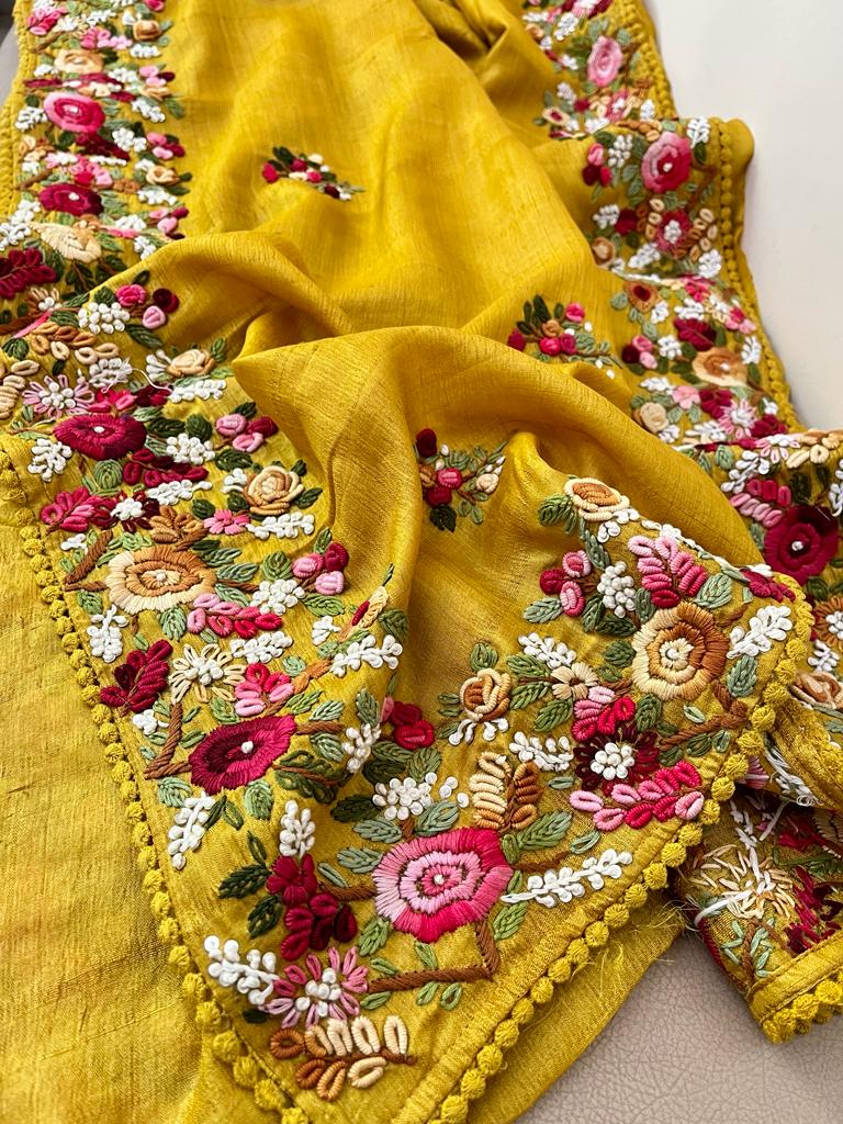 Tussar French knot inspired saree Saffronfashion