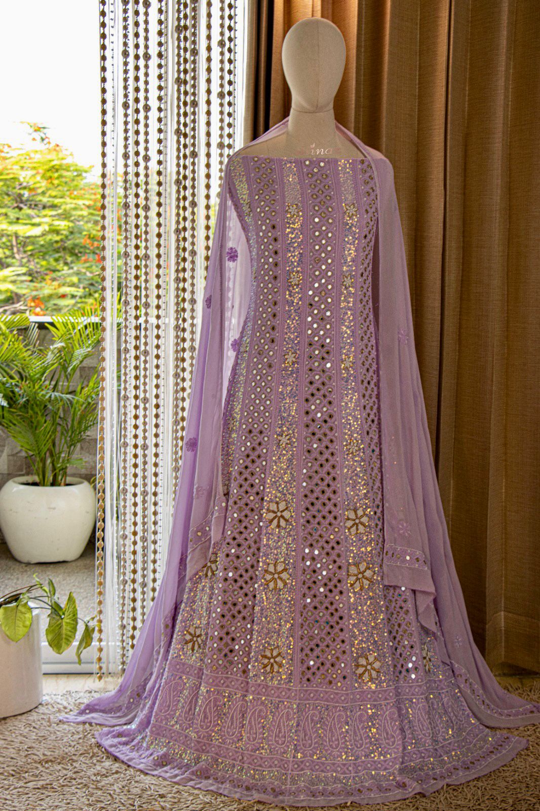Lavender Anarkali Chikankari dress - Saffronfashionindia