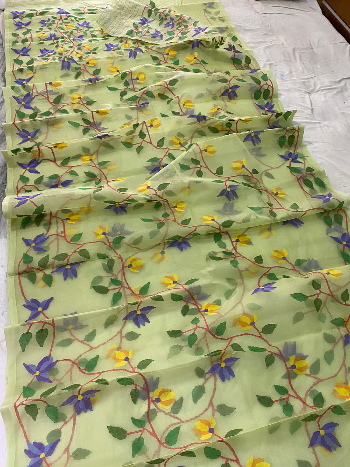 Marigold tantuj muslin jamdani saree - Saffronfashionindia