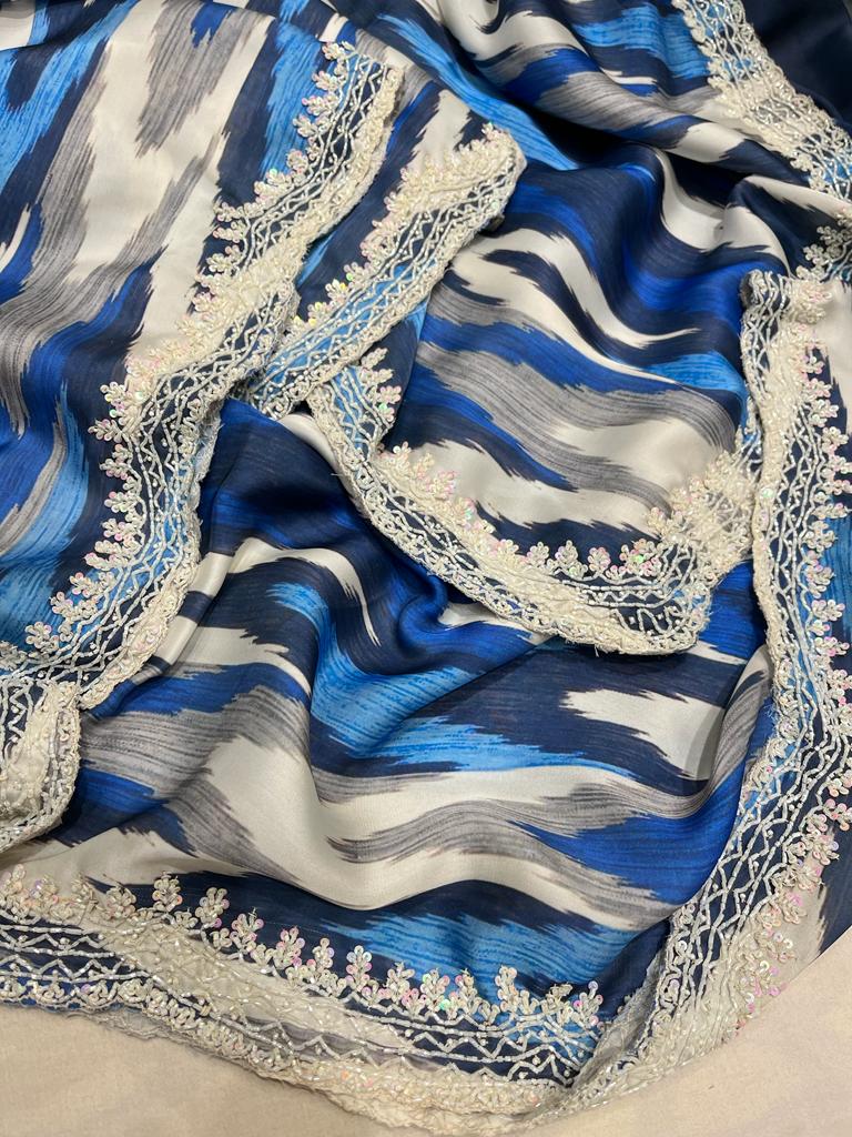 Nishani striped satin printed sarees - Saffronfashionindia