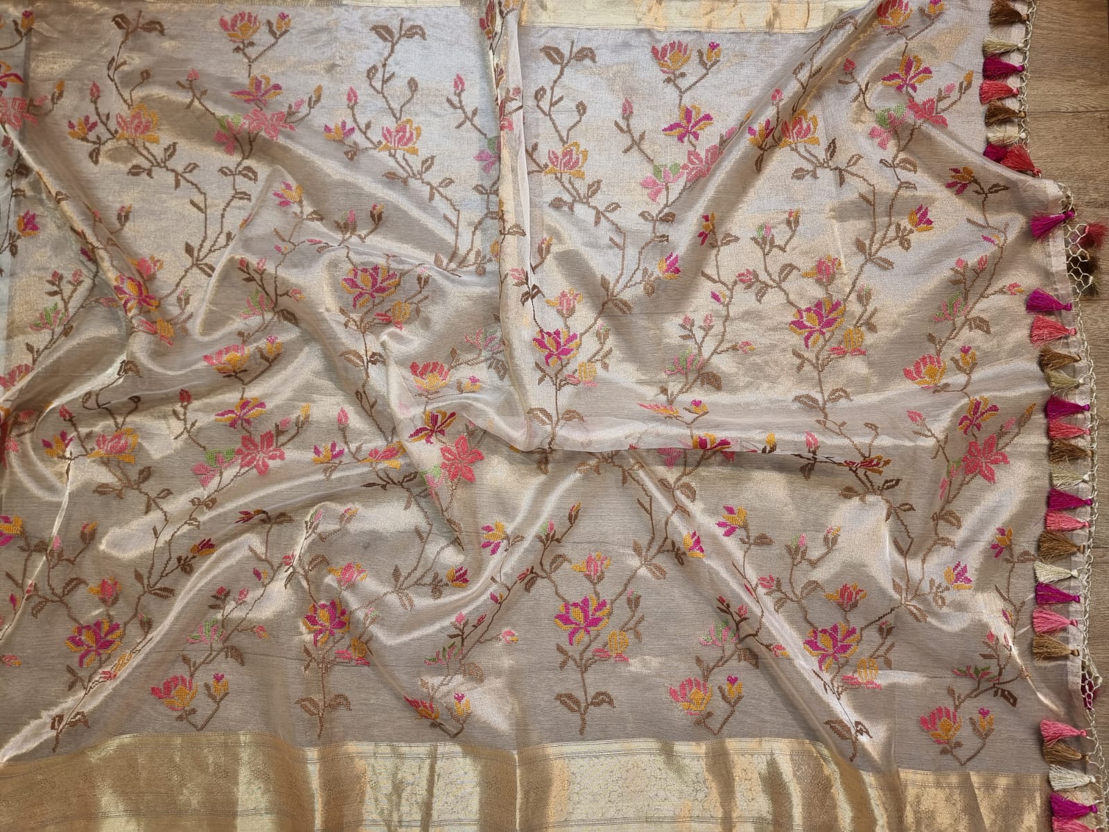 Embroidered tissue silk organza sari - Saffronfashionindia