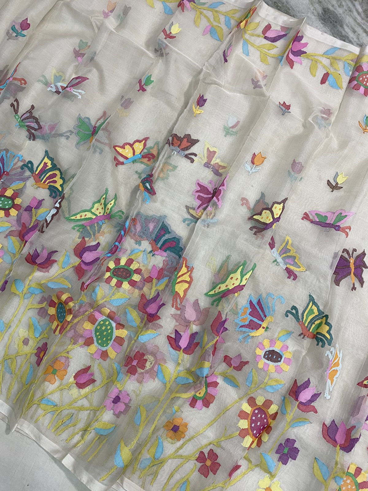 Blossom tantuj handwoven muslin jamdani saree - Saffronfashionindia