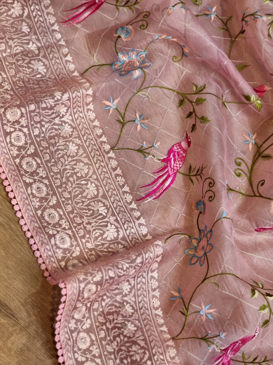 Organza silk Parsi embroidered sari - Saffronfashionindia