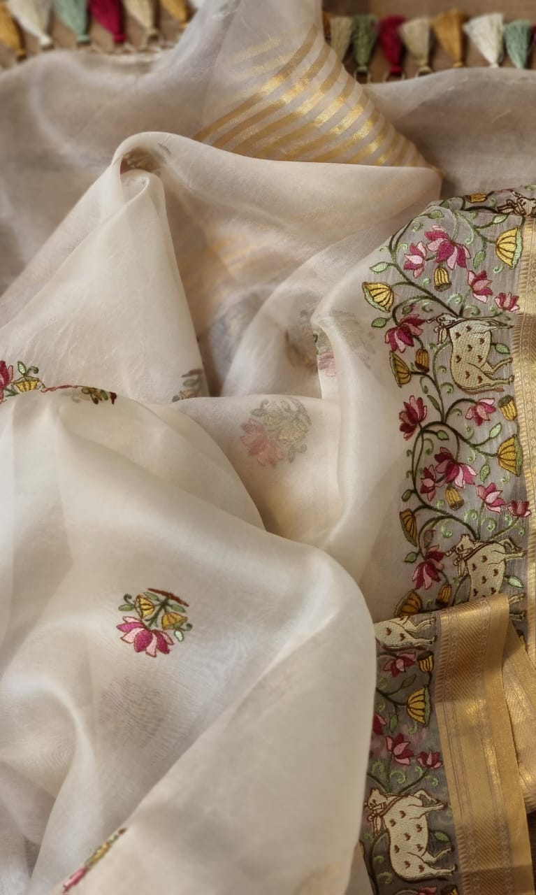 Pichwai based organza Silk saree - Saffronfashionindia