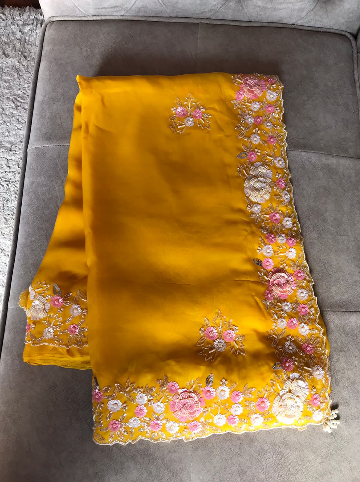 Sushi yellow organza partywear sari - Saffronfashionindia