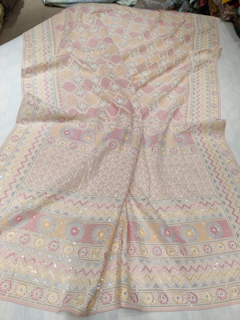 Multicolour Chikankari gorgette sari - Saffronfashionindia