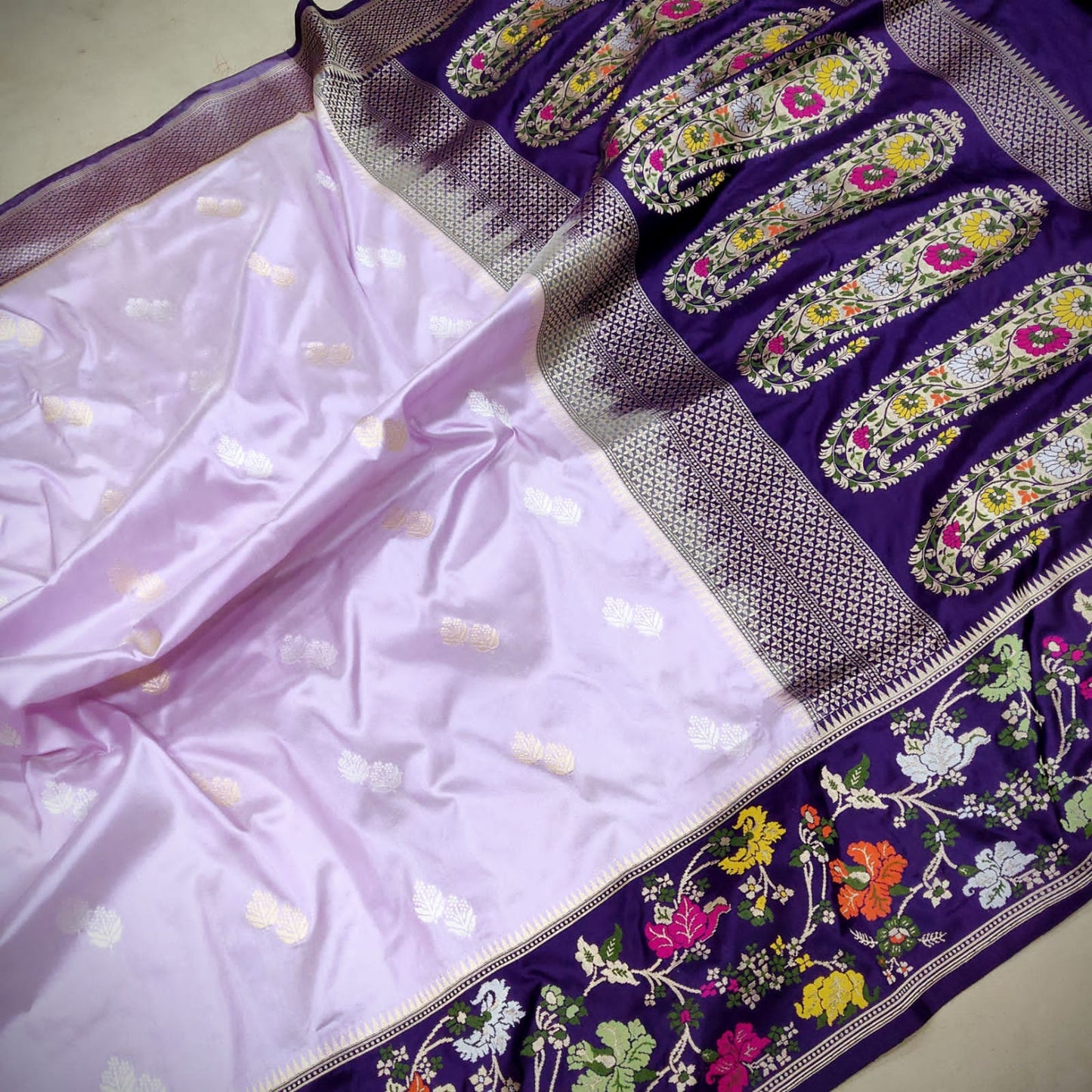Lavender Meenakari Katan silk saree - Saffronfashionindia