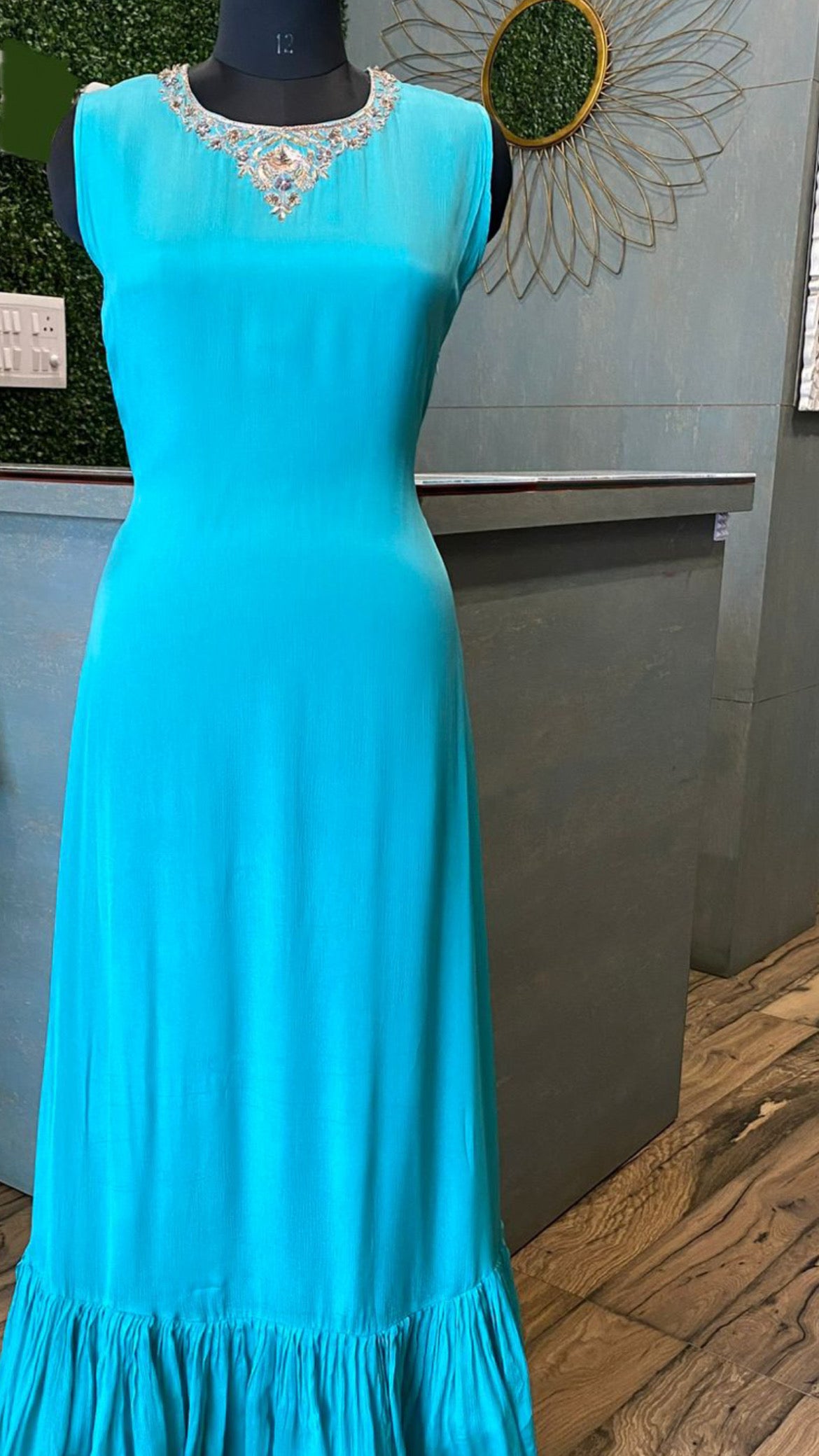 Blue chinon indowestern dress - Saffronfashionindia