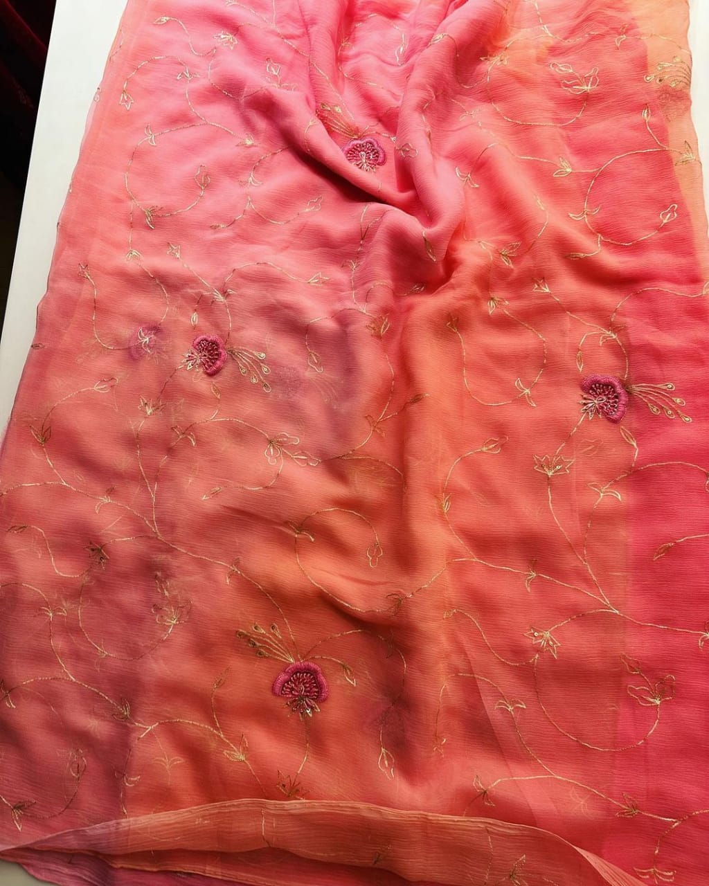 Pinkish peachy chiffon organza saris - Saffronfashionindia