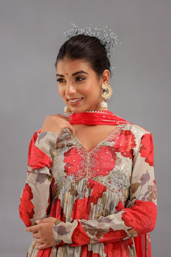 Red printed salwar suit - Saffronfashionindia