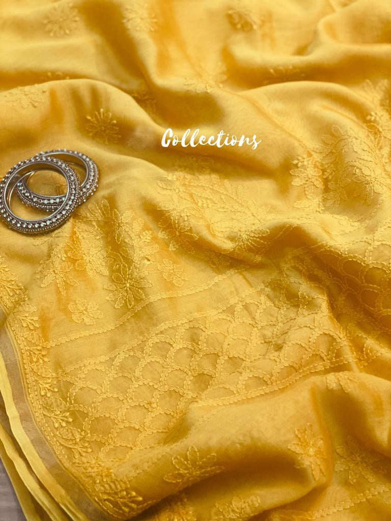 Daisy yellow Chikankari saree - Saffronfashionindia