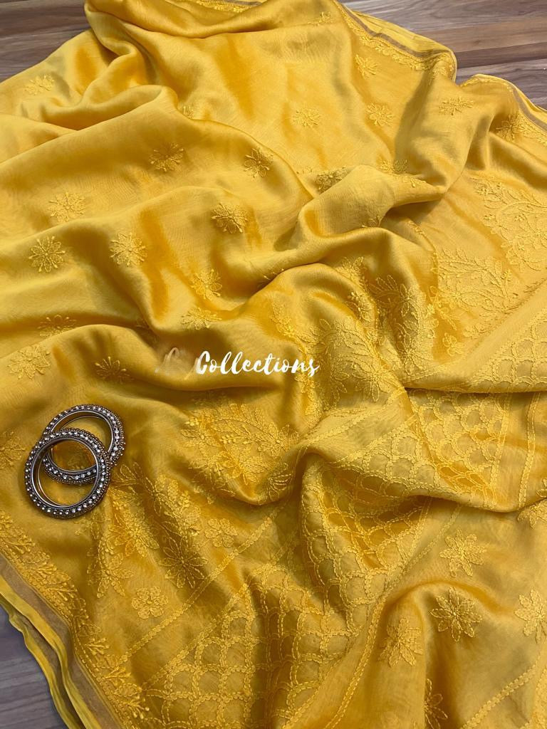 Daisy yellow Chikankari saree - Saffronfashionindia