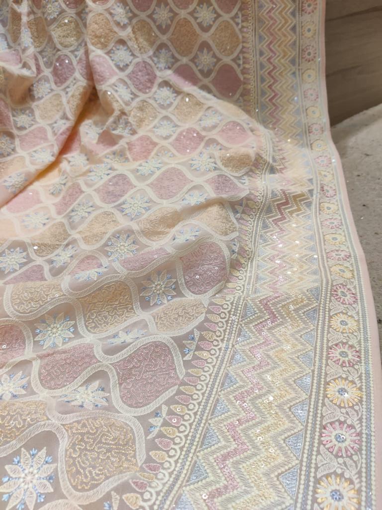 Multicolour Chikankari gorgette sari - Saffronfashionindia