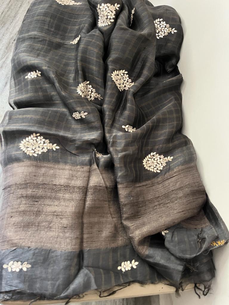 Linen gottapatti zardosi saree SaffronFashion