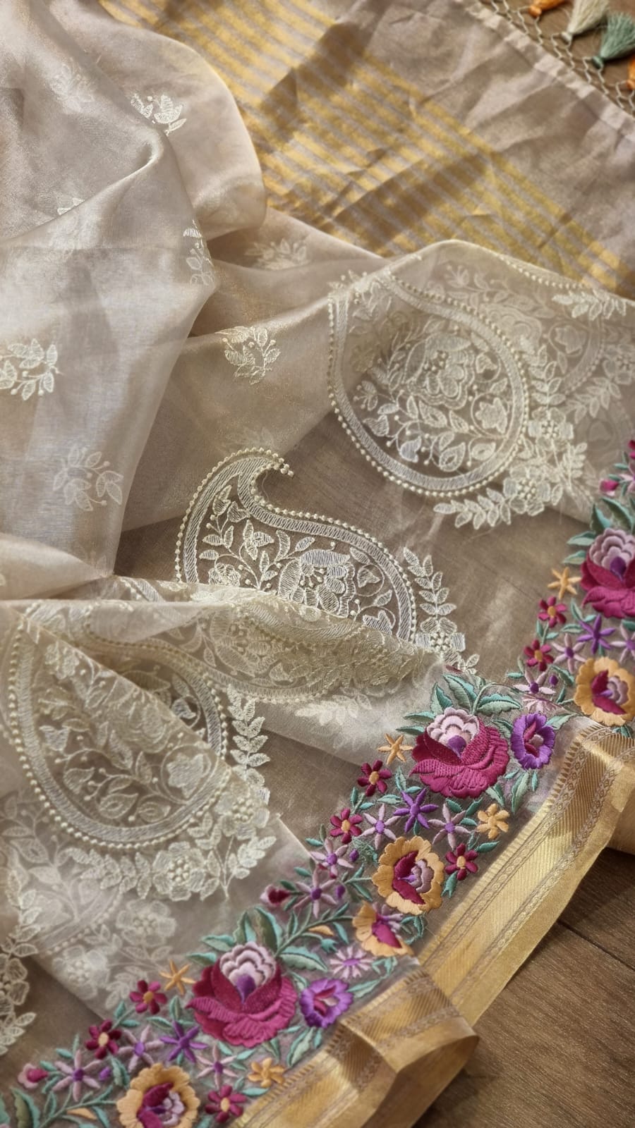 Humraaz tissue silk sari SaffronFashion