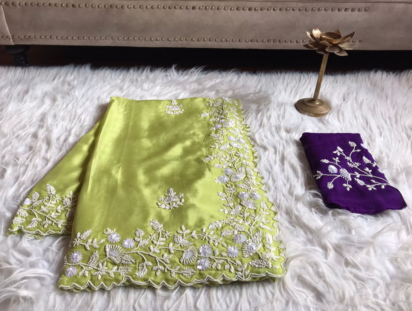 Limegreen sequins pearl sarees - Saffronfashionindia