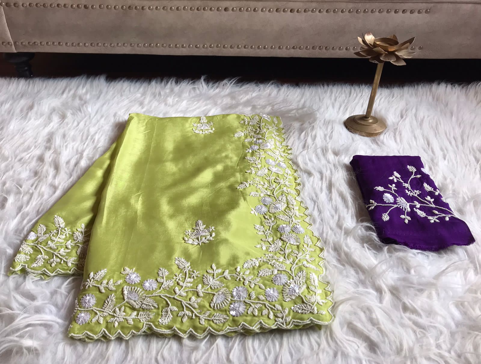 Limegreen sequins pearl sarees - Saffronfashionindia