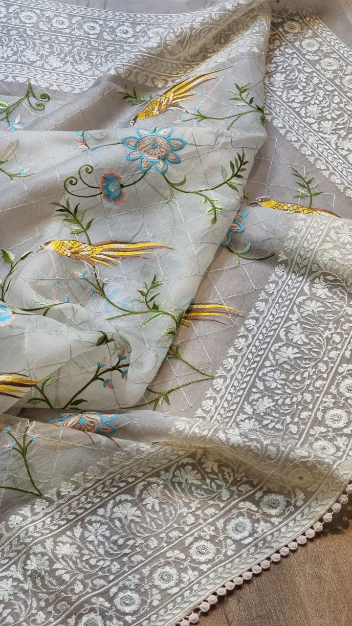 Organza silk Parsi embroidered sari - Saffronfashionindia