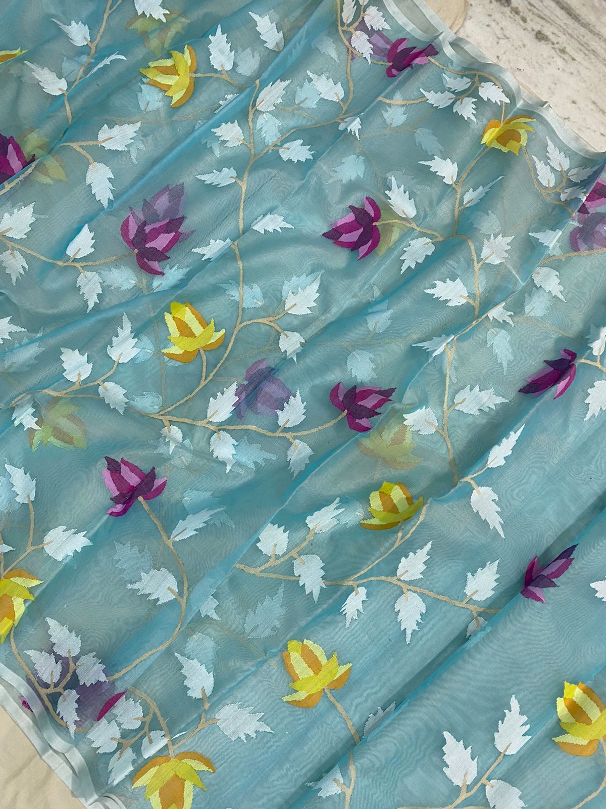 Aqua muslin tantuj jamdani saree - Saffronfashionindia
