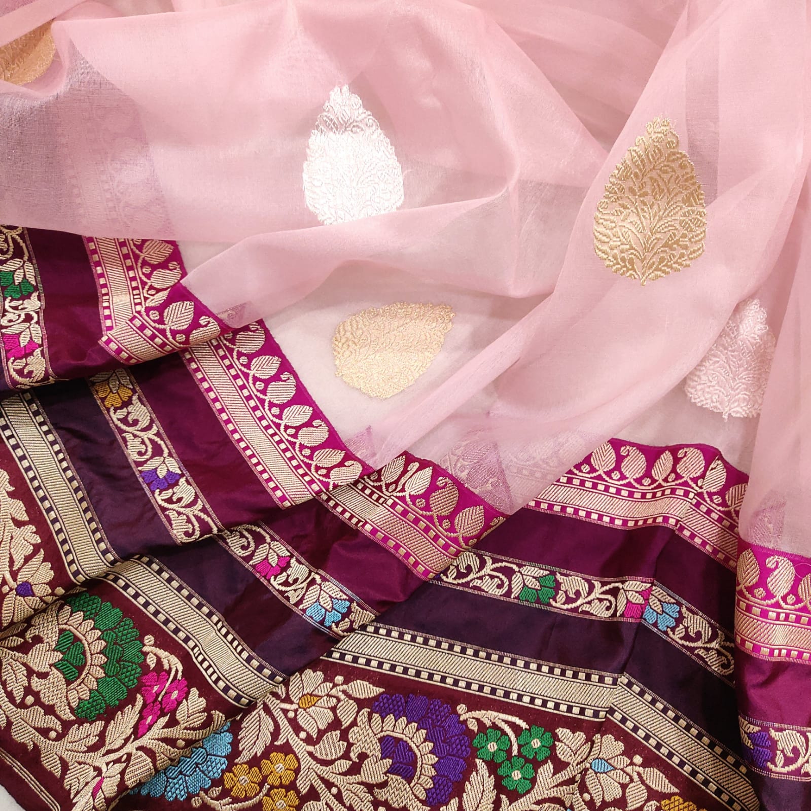 Pinkly handwoven kora saree - Saffronfashionindia