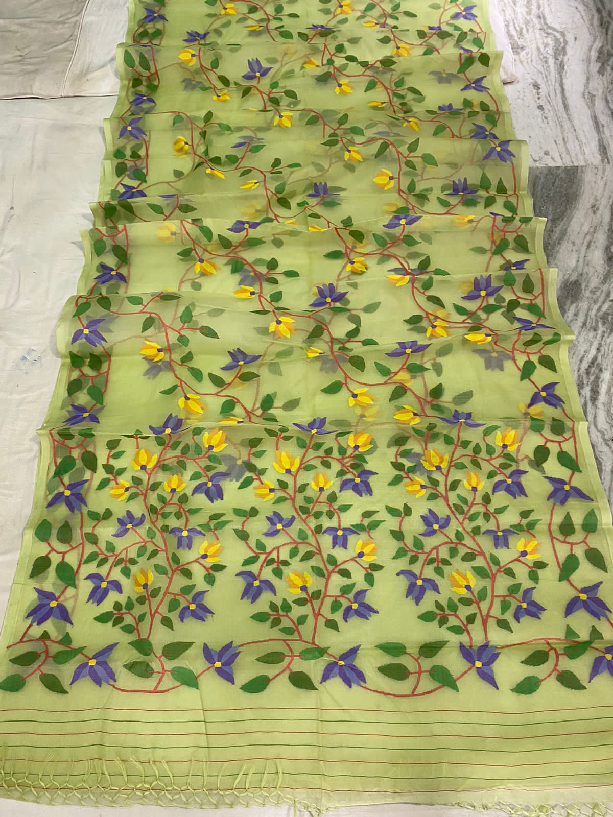 Marigold tantuj muslin jamdani saree - Saffronfashionindia