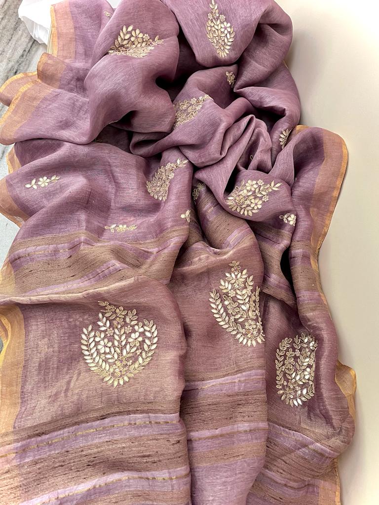 Linen gottapatti zardosi checks saree women saree Indian sari - Saffronfashionindia