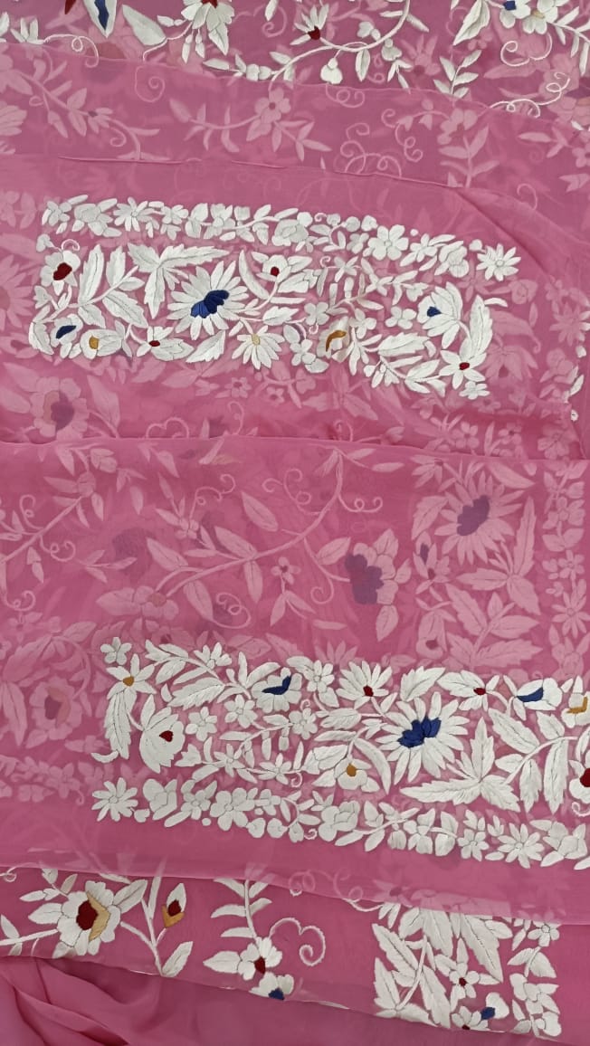 Suhana pink gorgette Parsi gara saree - Saffronfashionindia
