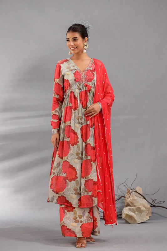 Red printed salwar suit - Saffronfashionindia