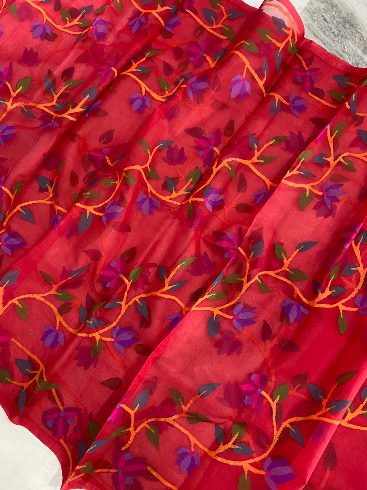 Red tantuj muslin jamdani saree - Saffronfashionindia