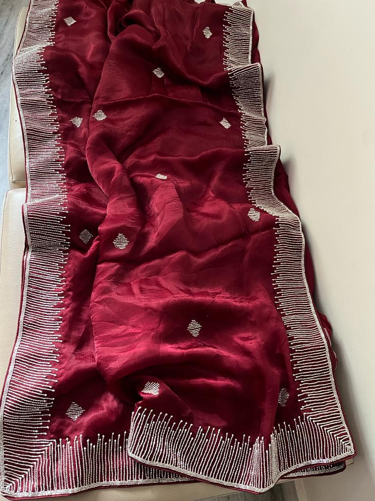 Satin katdana gorgette saree - Saffronfashionindia