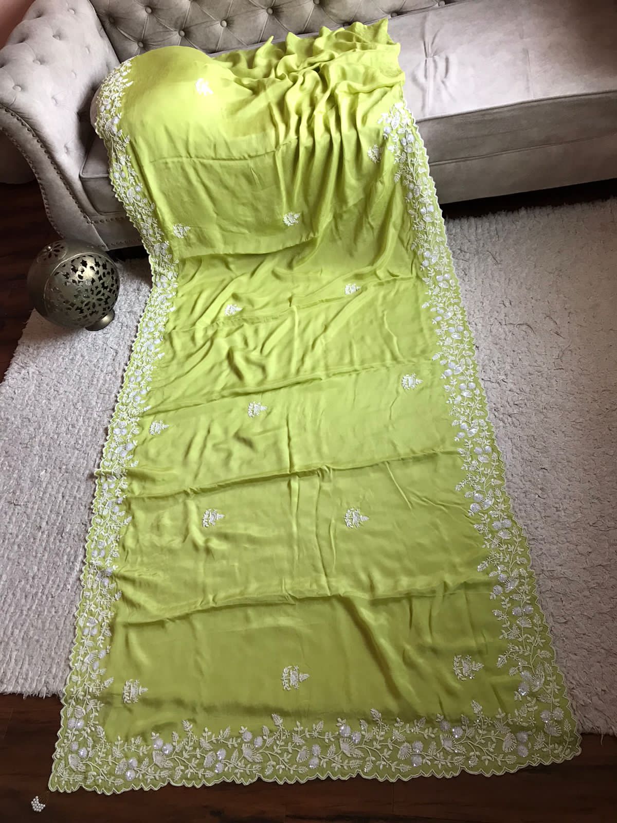 Limegreen sequins pearl sarees - Saffronfashionindia